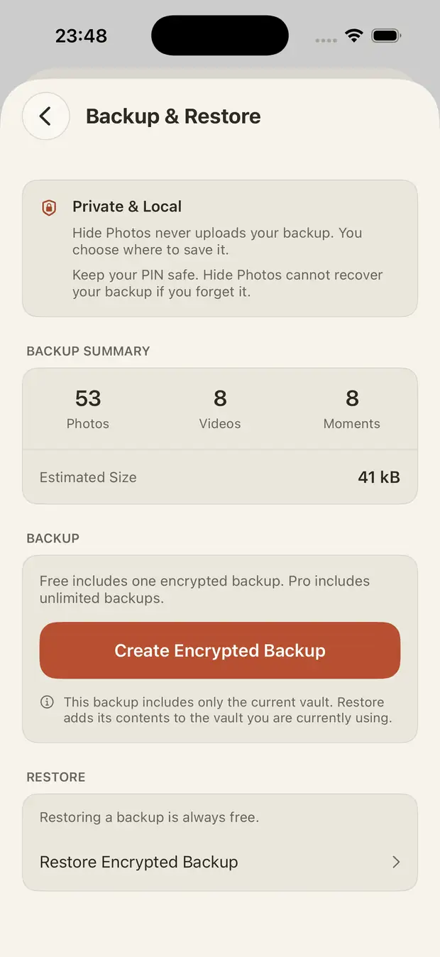 Screenshot of Hide Photos encrypted backup creation