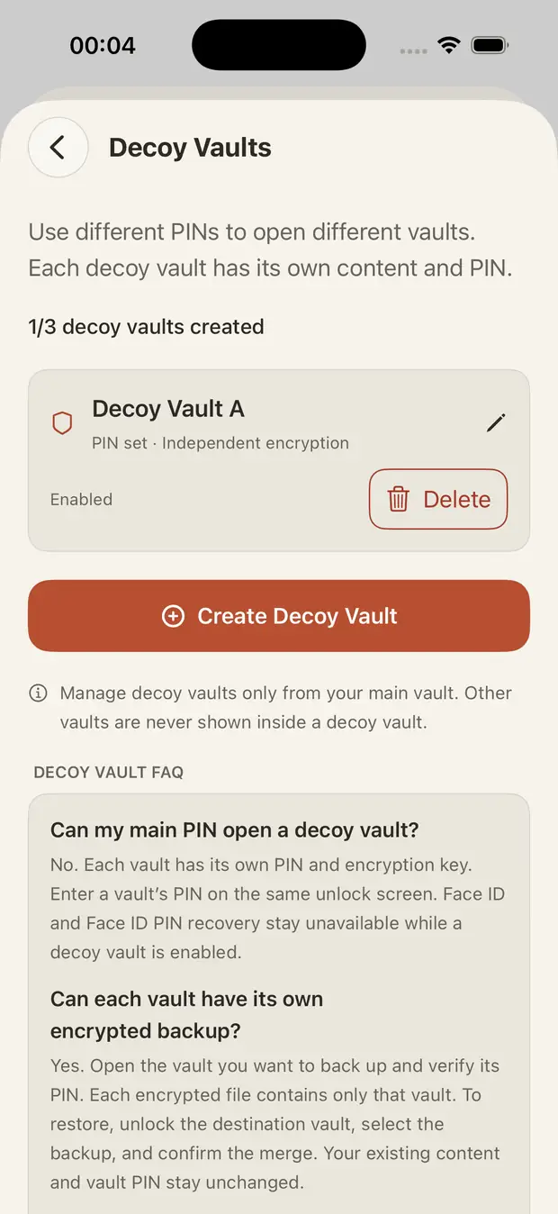 Screenshot of Hide Photos decoy vault management
